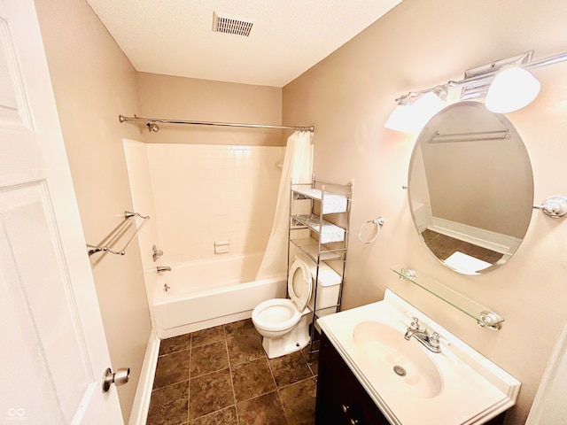 full bathroom with a textured ceiling, vanity, toilet, and shower / bathtub combination with curtain