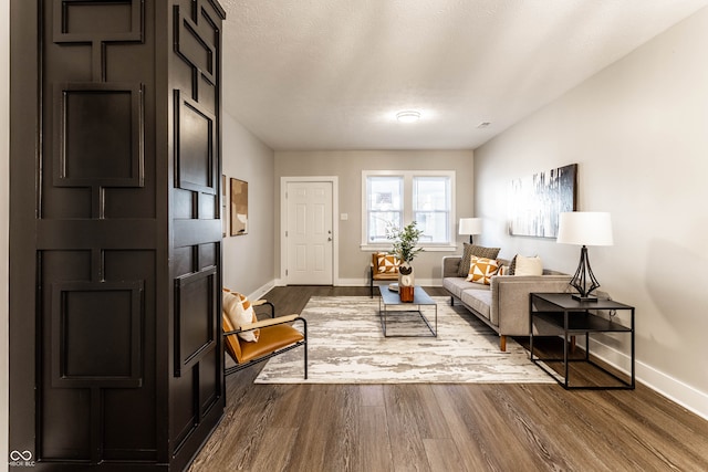 living room featuring a textured ceiling and hardwood / wood-style flooring