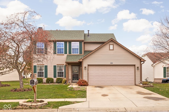 view of front of house with a front yard and a garage