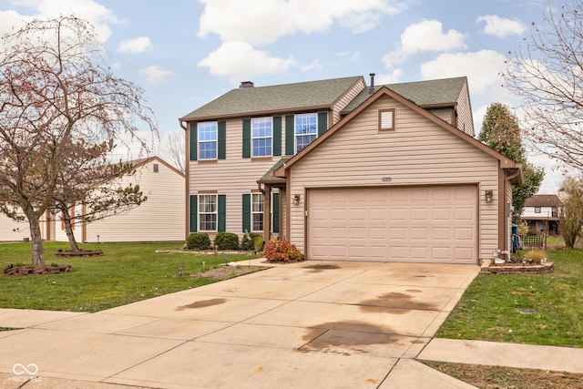 colonial-style house featuring a front yard and a garage