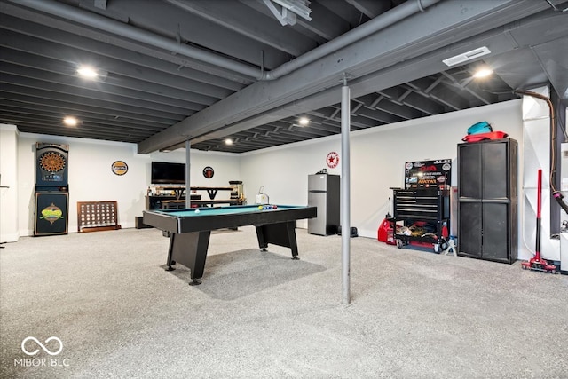 playroom with carpet flooring and billiards