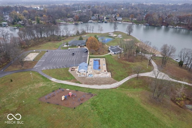 drone / aerial view featuring a water view