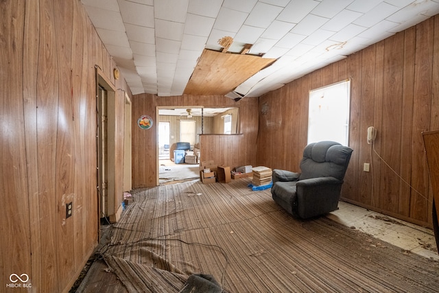 interior space featuring a healthy amount of sunlight, wooden walls, and vaulted ceiling