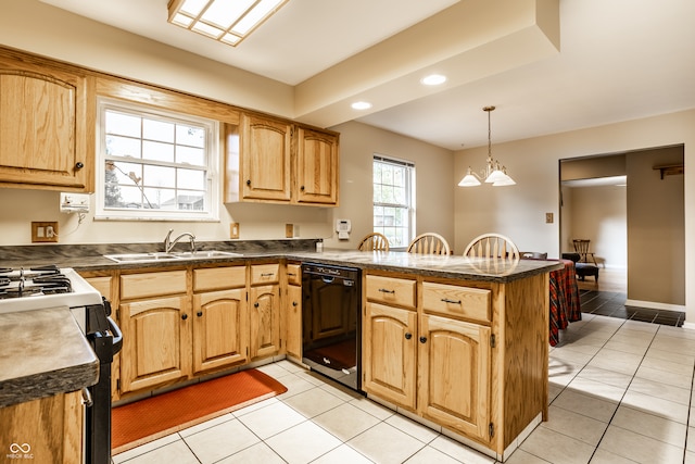 kitchen with dishwasher, sink, gas range oven, kitchen peninsula, and pendant lighting