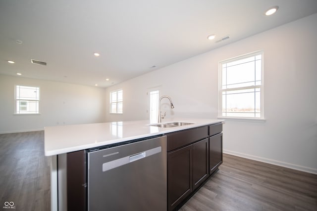 7904 Magnolia St, New Palestine, IN 46163 - kitchen with stainless steel dishwasher, a sink, dark wood-type flooring, healthy amount of natural light, and recessed lighting