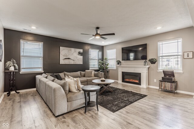 living room with ceiling fan and light hardwood / wood-style floors