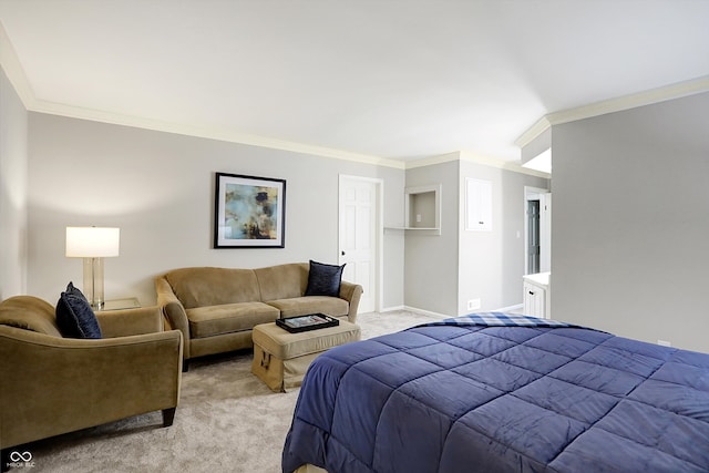 carpeted bedroom with ornamental molding