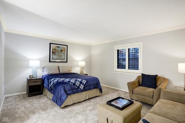 bedroom with carpet flooring and crown molding