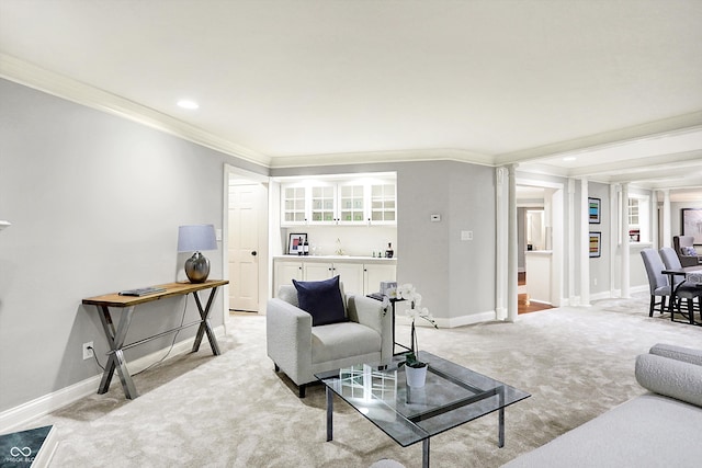 living room featuring light carpet and ornamental molding