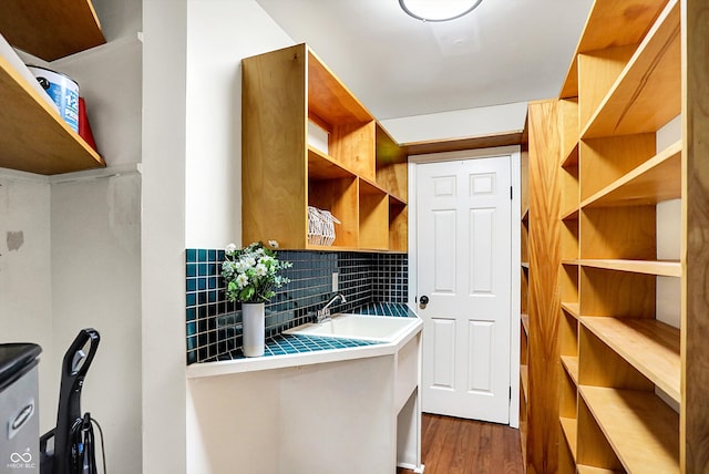 interior space with hardwood / wood-style floors, decorative backsplash, and sink