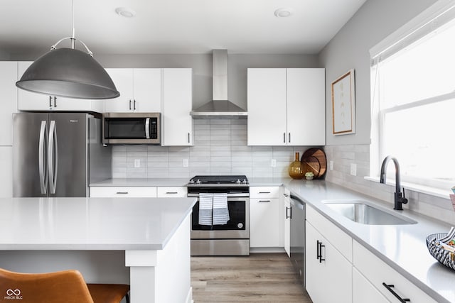 kitchen with white cabinets, wall chimney exhaust hood, and stainless steel appliances