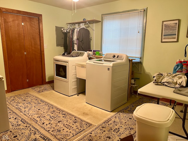 clothes washing area with washing machine and dryer and electric panel