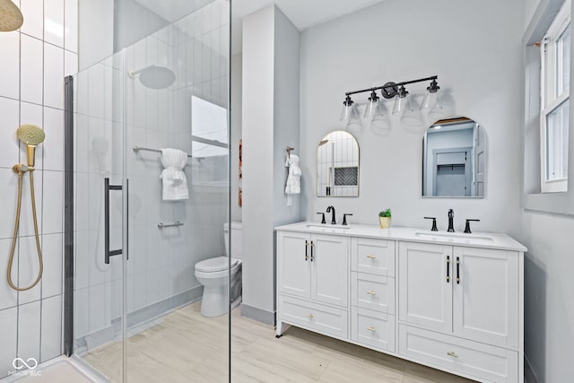 bathroom featuring vanity, an enclosed shower, and toilet