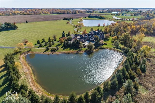 bird's eye view with a water view and a rural view