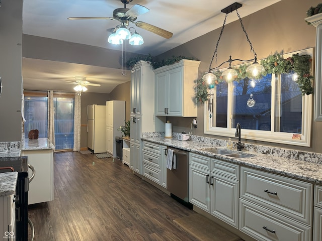 kitchen with dishwasher, dark wood-type flooring, white refrigerator, sink, and hanging light fixtures