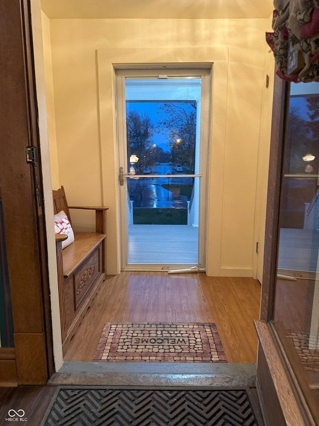 doorway with light hardwood / wood-style flooring