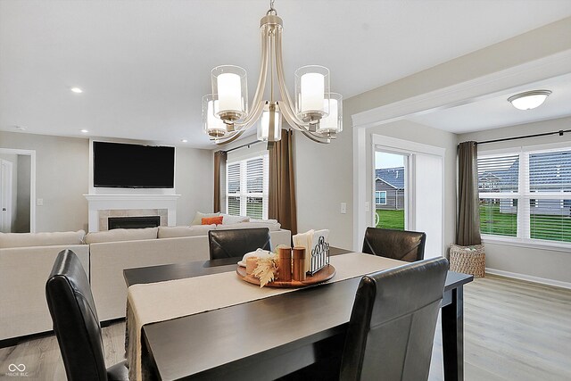 dining area with a chandelier, a wealth of natural light, and light hardwood / wood-style flooring