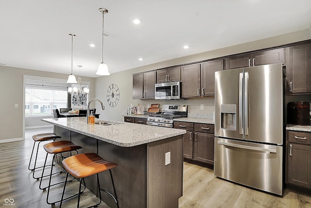 kitchen with appliances with stainless steel finishes, light wood-type flooring, a kitchen island with sink, and sink