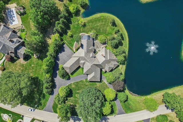 drone / aerial view with a water view