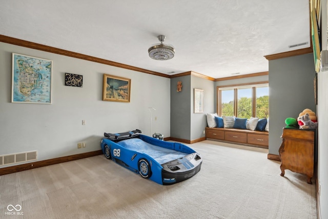 bedroom featuring light colored carpet and ornamental molding