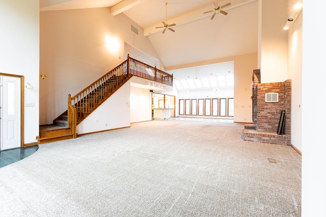 4257 Tattersall Dr, Plainfield, IN 46168 - unfurnished living room with high vaulted ceiling, a ceiling fan, stairs, beamed ceiling, and carpet