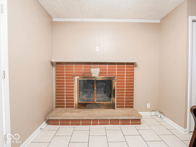 interior details featuring tile patterned floors, wooden walls, and crown molding