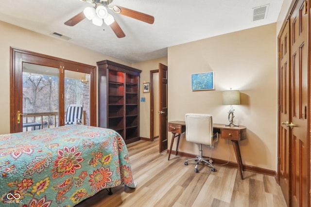 bedroom with ceiling fan and light hardwood / wood-style flooring