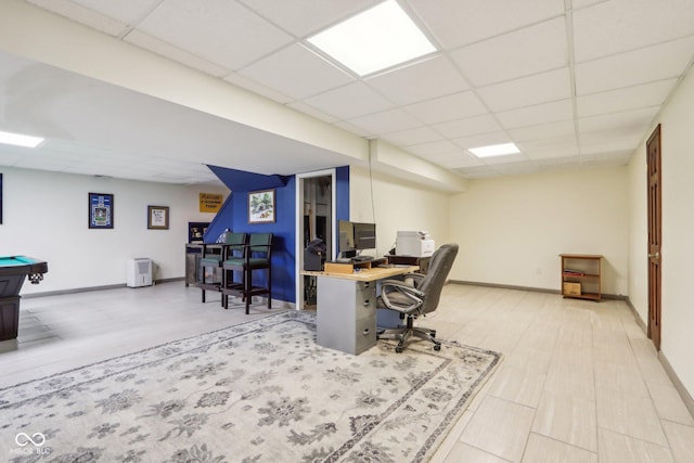 home office with a drop ceiling and billiards