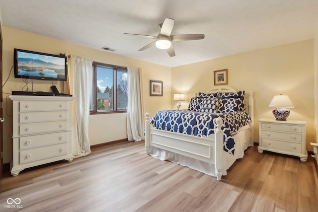 bedroom with ceiling fan and light wood-type flooring