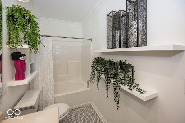 bathroom with tile patterned floors, crown molding, shower / tub combo, and toilet