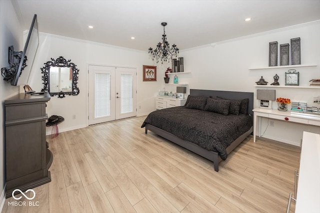 bedroom with a notable chandelier, french doors, crown molding, and light hardwood / wood-style flooring