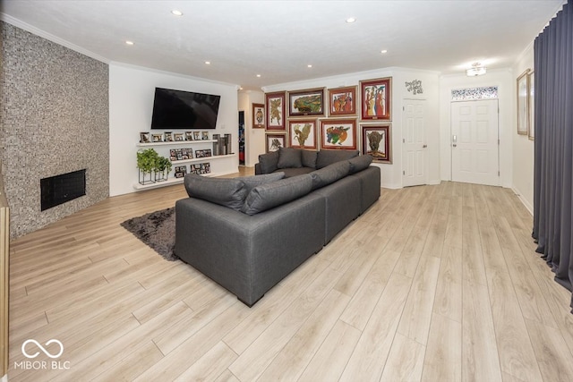 living room with crown molding, a fireplace, and light hardwood / wood-style flooring