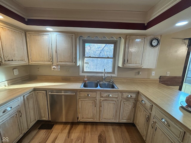 kitchen with stainless steel dishwasher, a tray ceiling, crown molding, sink, and light hardwood / wood-style floors