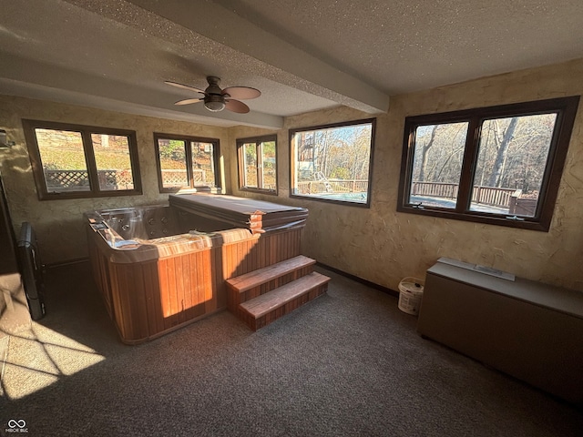 sunroom / solarium featuring a jacuzzi and ceiling fan