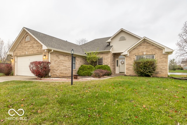 ranch-style home with a garage and a front lawn