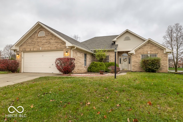 single story home with a front yard and a garage