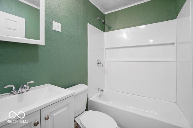 full bathroom featuring  shower combination, vanity, a textured ceiling, and toilet