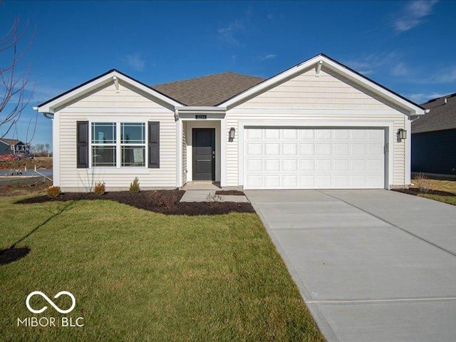 single story home featuring a garage and a front lawn