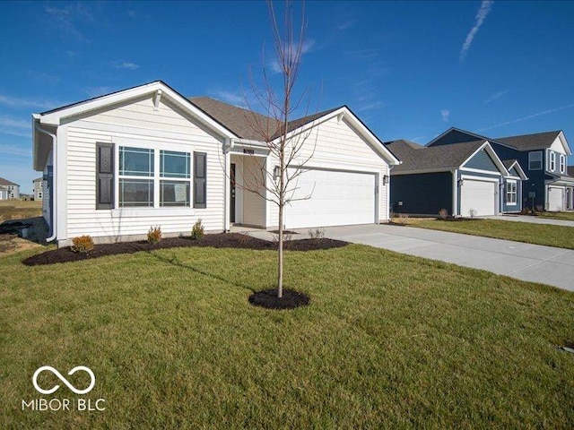 ranch-style home with a front yard and a garage