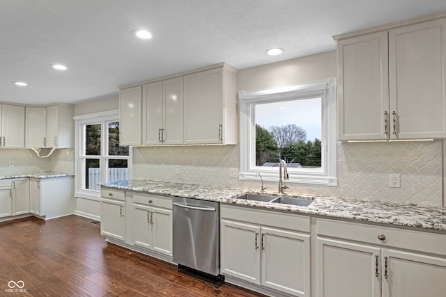 kitchen with tasteful backsplash, dark hardwood / wood-style flooring, sink, and stainless steel dishwasher