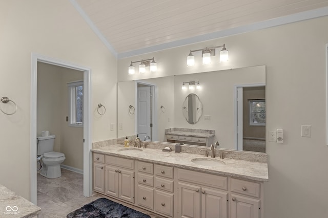 bathroom with toilet, vanity, vaulted ceiling, and wood ceiling