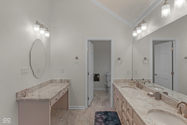 bathroom featuring toilet, vanity, vaulted ceiling, and wooden ceiling