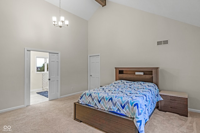 bedroom featuring beam ceiling, light colored carpet, high vaulted ceiling, and an inviting chandelier