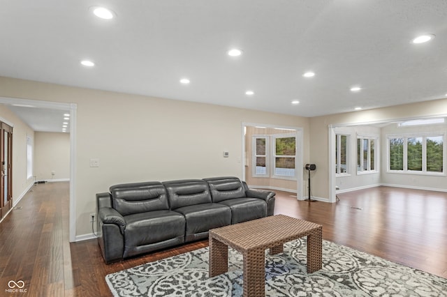 living room with a wealth of natural light and dark wood-type flooring