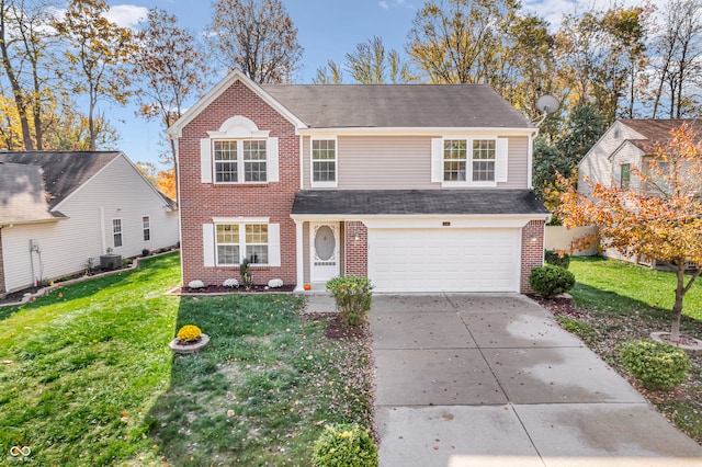 view of front of property with a front yard, a garage, and central AC unit