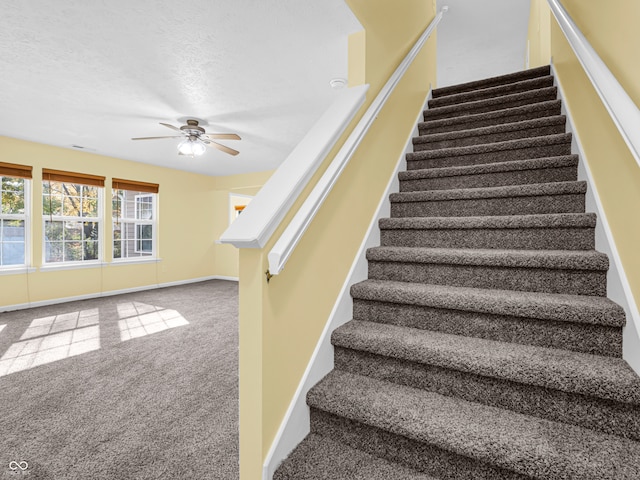 stairway with carpet, a textured ceiling, and ceiling fan