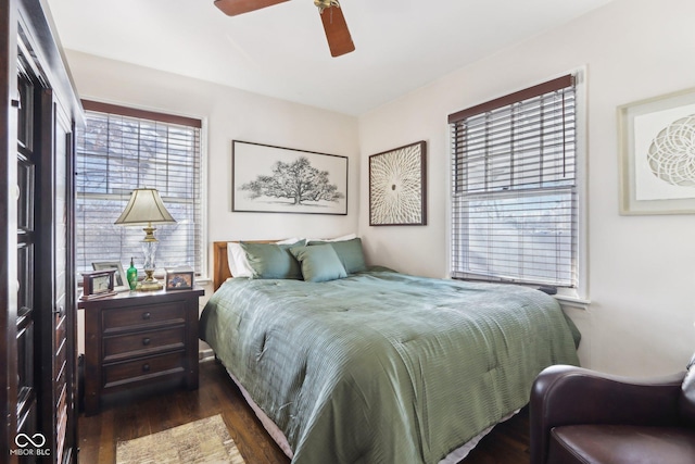 bedroom with multiple windows, dark wood-type flooring, and ceiling fan