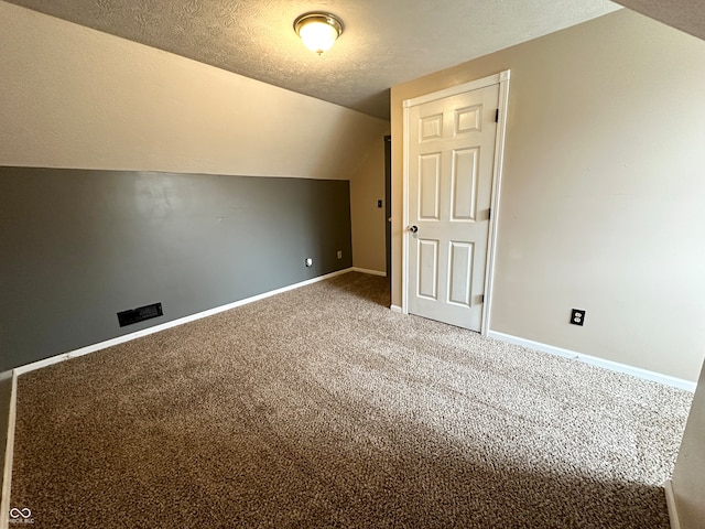 additional living space featuring a textured ceiling, lofted ceiling, and carpet floors