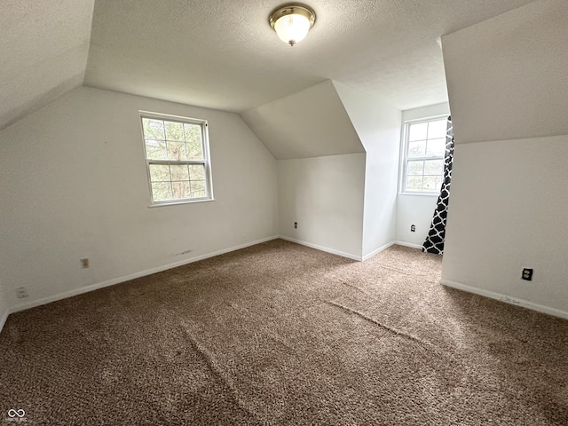 bonus room featuring lofted ceiling, a textured ceiling, and carpet floors