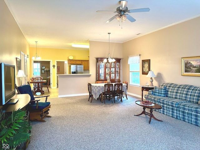 carpeted living room with crown molding and ceiling fan with notable chandelier